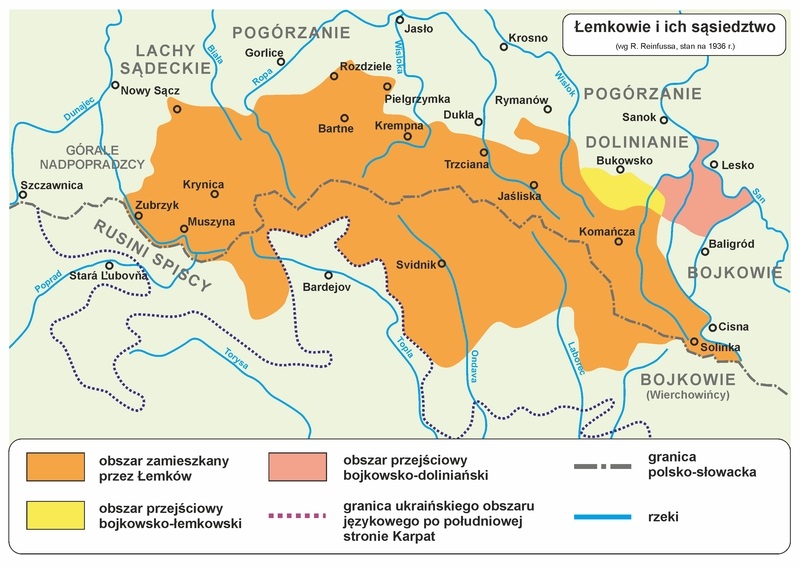Mapa pokazująca Łemkowszczyznę jako odrębny rusiński obszar językowo-etniczny (http://inne-jezyki.amu.edu.pl/Editor/files/%C5%82emkowszczyzna2.jpg)